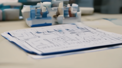 Clinical trial paperwork, medication packaging, and a therapy workbook arranged on a medical desk