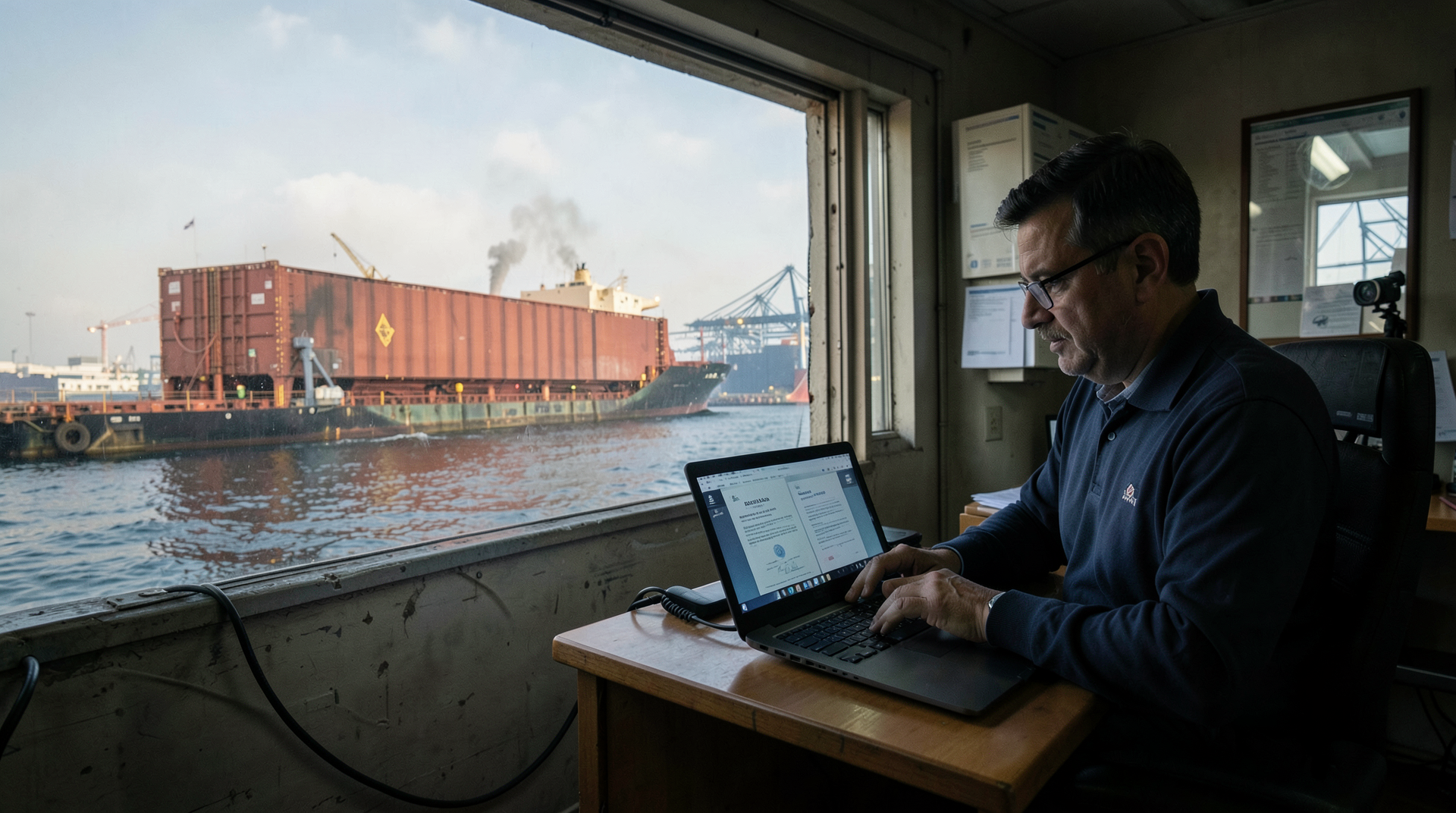A tanker transits the Strait of Hormuz while a compliance officer reviews shipping paperwork on a laptop