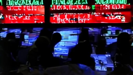 Tehran stock exchange screens glowing with traders silhouetted against red and green boards