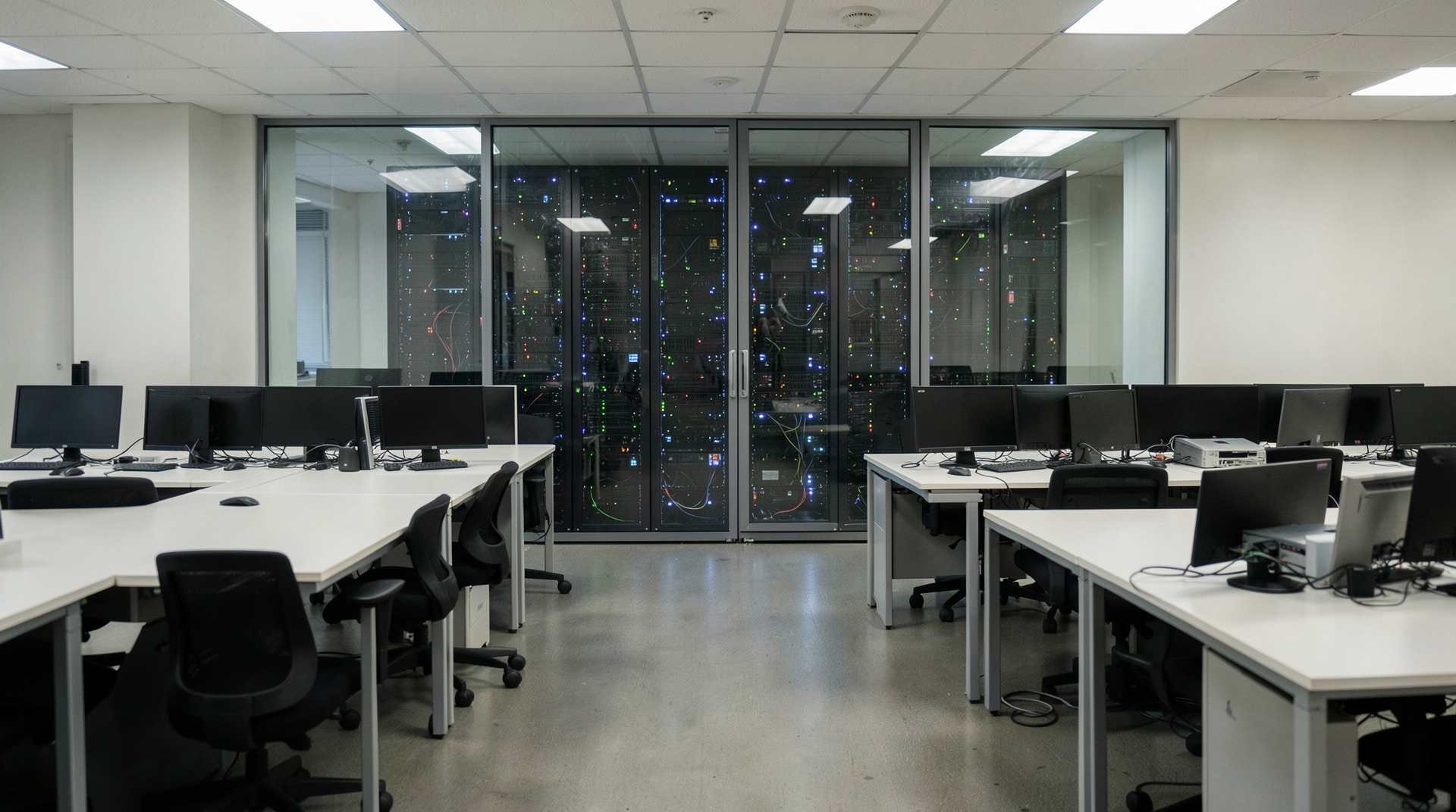 Empty technology office desks with server racks visible behind glass