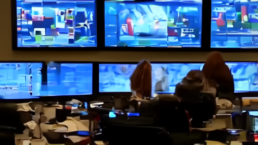 Television control room showing basketball feeds and ratings charts