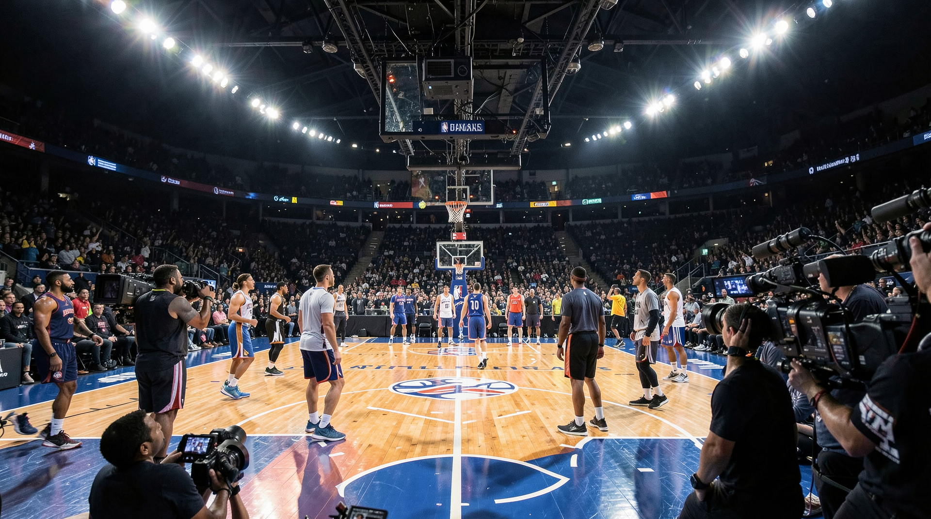 Broadcast cameras framing an NBA playoff court under bright lights