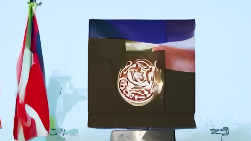 Empty diplomatic podium with Omani and maritime charts in the background