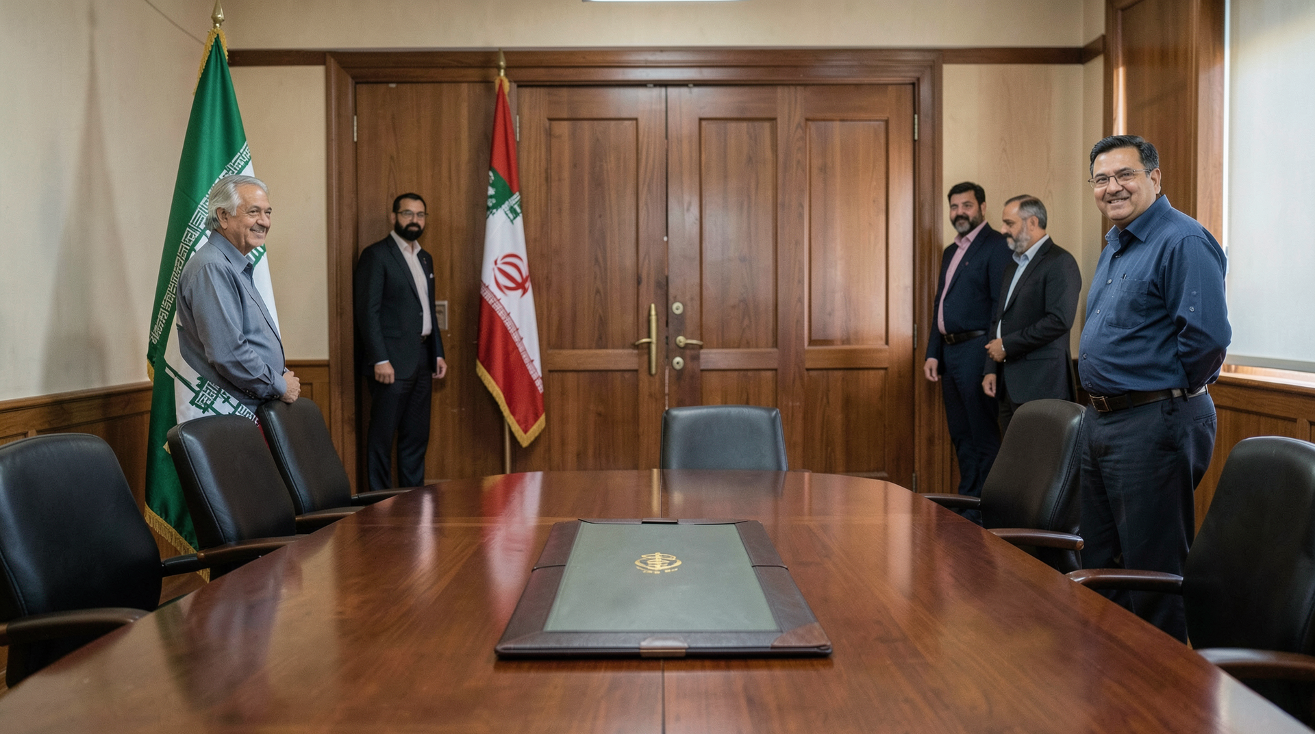 A sealed diplomatic folder rests on a conference table between Pakistani and Iranian flags