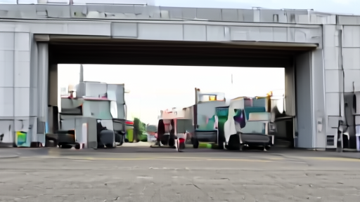 Workers outside a Samsung semiconductor facility as logistics trucks wait near the gate