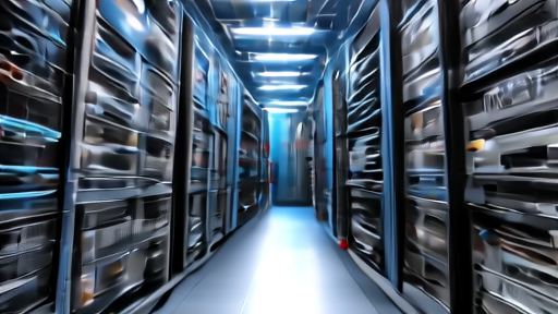 Server racks and storage drives in a data-center aisle under blue maintenance light