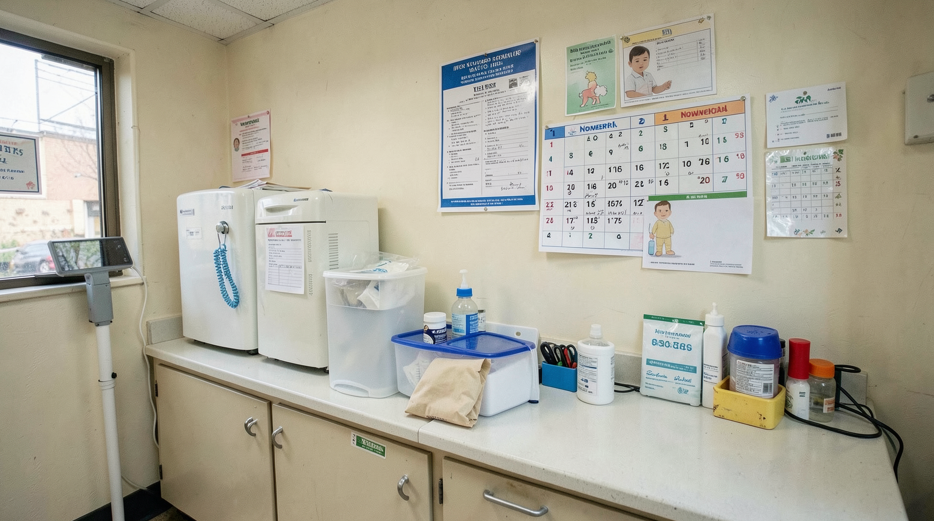 Pediatric clinic counter with vaccine cooler and a November calendar