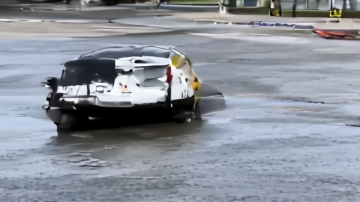 Driverless vehicle paused near a flooded city lane while recall paperwork sits nearby