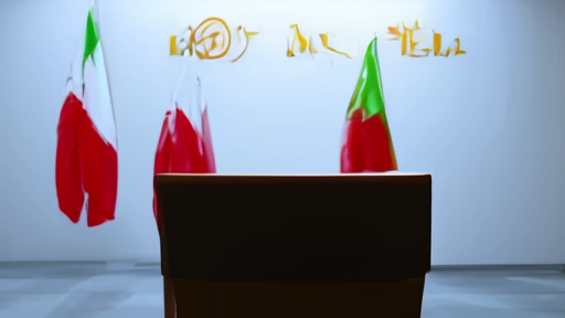 Chinese foreign ministry briefing room with empty podium and an unlit Iran-China flag panel behind it