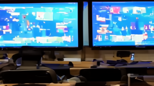 Two darkened public broadcaster control rooms in Sofia and London with Eurovision graphics frozen on the monitors