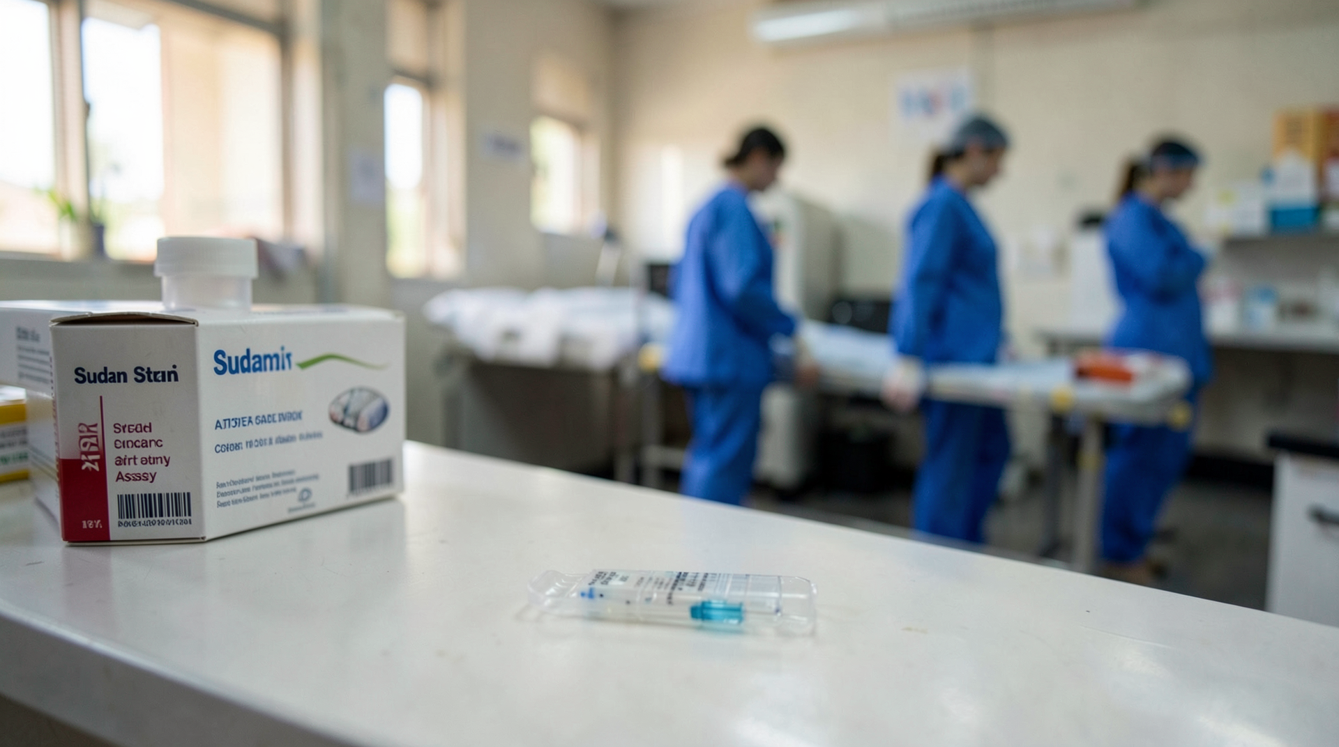 A single PCR cartridge resting on a lab bench in Ituri Province, with a Sudan-strain assay box visible just out of focus and a stretcher being wheeled past in the background.