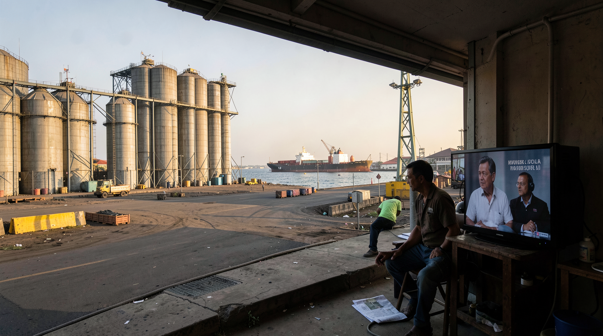 Wide shot of empty fertilizer-filling silos at a Mombasa port terminal in late afternoon, a freighter at anchor in the middle distance and a press-conference monitor running in a stevedores' break room.