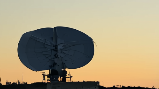 Satellite dish array at an EchoStar facility with a Starlink satellite model in the foreground