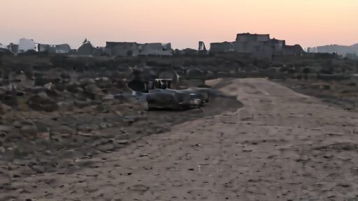 A wide angle of an El Fasher exit road at dawn, a single family's belongings on a cart in the middle distance, the silhouette of an abandoned UN compound on the horizon.