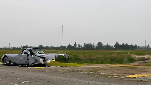 Damaged civilian vehicle on a rural Ukrainian road with emergency services tape in the foreground