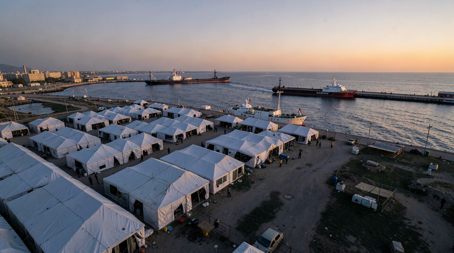 Wide aerial of detainee-processing tents at Ashdod port at dusk, with several flotilla vessels visible against a quay and a single Italian-flagged hull catching the last light.