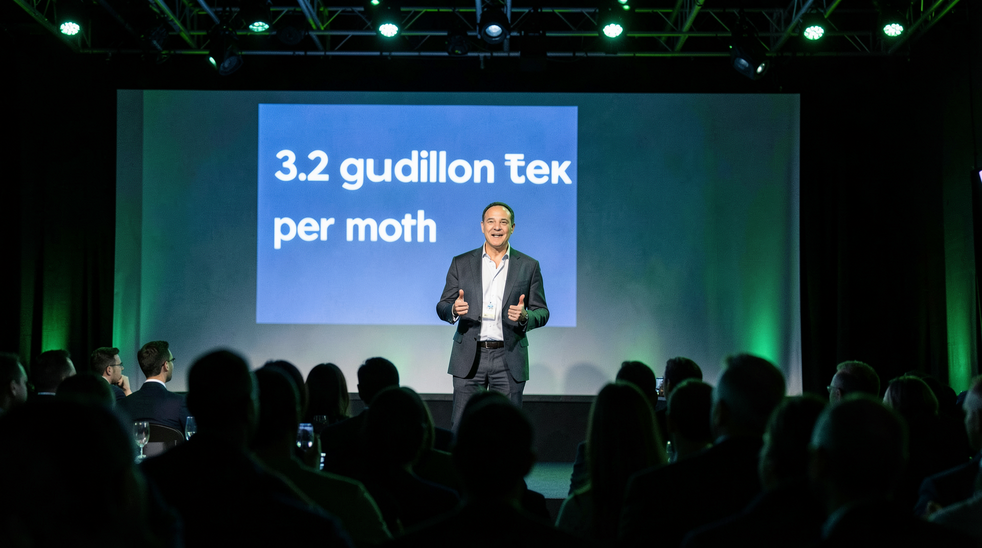 Sundar Pichai mid-keynote on the Shoreline Amphitheatre stage, the 3.2 quadrillion tokens per month slide behind him in green stage light.