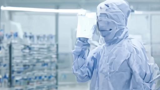 Intel Foundry cleanroom worker in bunny suit holding a wafer under bright lights with no customer logo visible