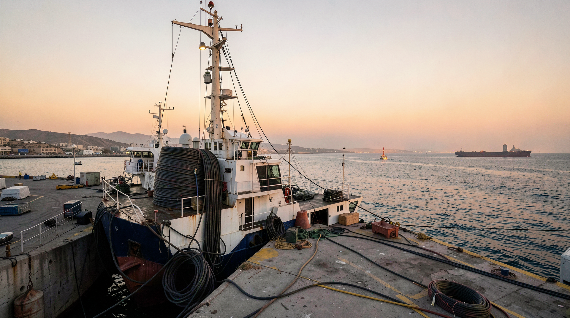 An Alcatel Submarine Networks cable-laying vessel idle at a Fujairah quay, a coil of subsea fiber-optic cable in the foreground and the Strait of Hormuz visible past the harbor mouth in late-afternoon light.
