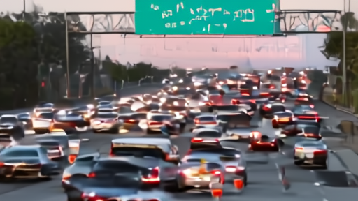 A crowded interstate at dusk with a fuel-pump price sign in the foreground