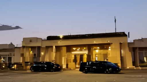 Pakistani Foreign Office building in Islamabad at dusk with diplomatic vehicles outside