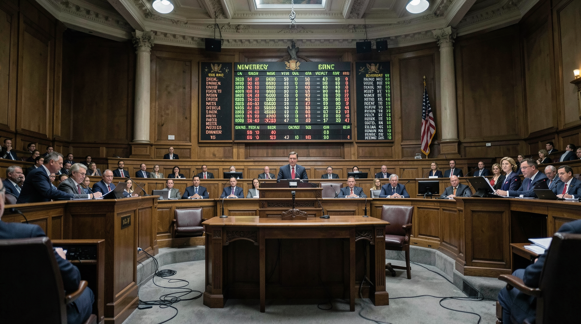 A long-lens view of the Senate floor at vote-call with the official tally board displaying 50-47 in the background and three empty Republican-side desks catching the chamber light.