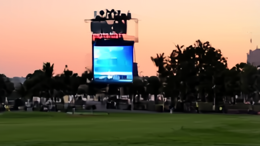 Colonial Country Club practice green at dusk with a CBS broadcast tower in the background