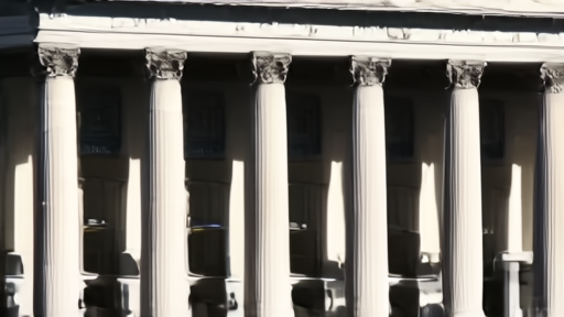 Treasury Department building exterior with an LPG tanker icon overlaid on the front entrance