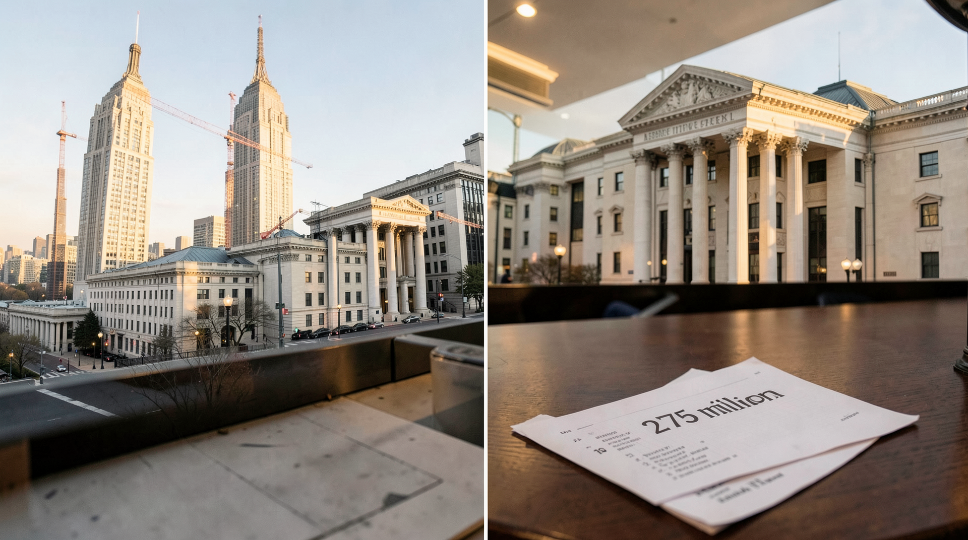A split composition of the US Treasury and Department of Justice buildings under the same Washington afternoon light, with a printed page bearing a $275M settlement figure resting on a desk in the foreground.