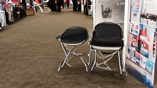 An empty Marché du Film booth at the Palais des Festivals at closing, posters partly stripped, two folding chairs left on the carpeted floor