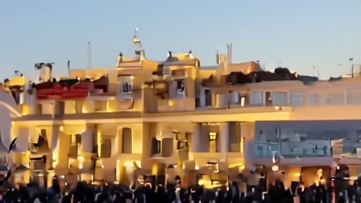 The Palais des Festivals in Cannes at evening, festival banners on the facade, croisette below with crowds