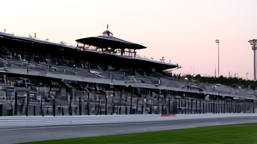 Indianapolis Motor Speedway grandstand at dawn before the 500, empty stands and pagoda silhouette