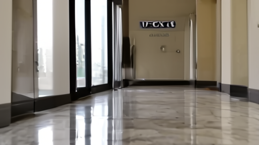 An empty hallway outside an FCC hearing room with a glass door labeled Federal Communications Commission, no people, late afternoon light.