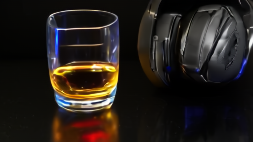 A pair of high-end studio headphones resting on a glossy black surface beside a half-full whisky glass, blue and red LED light reflections visible.