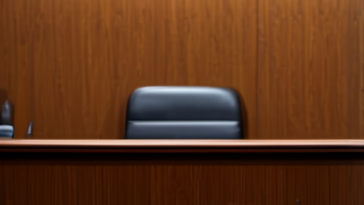 EchoStar logo over an empty FCC hearing room with vacated witness table.