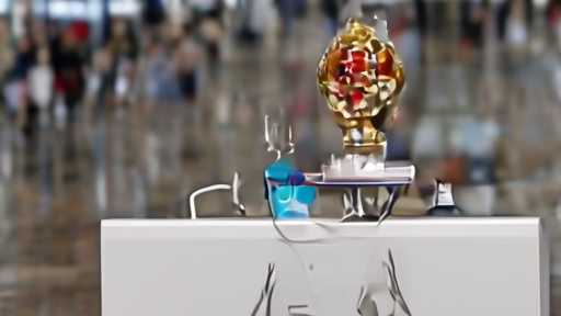 An empty EBU press desk at the Vasil Levski airport arrivals hall in Sofia with the Eurovision trophy on a side table and a Bulgarian flag draped over a chair.