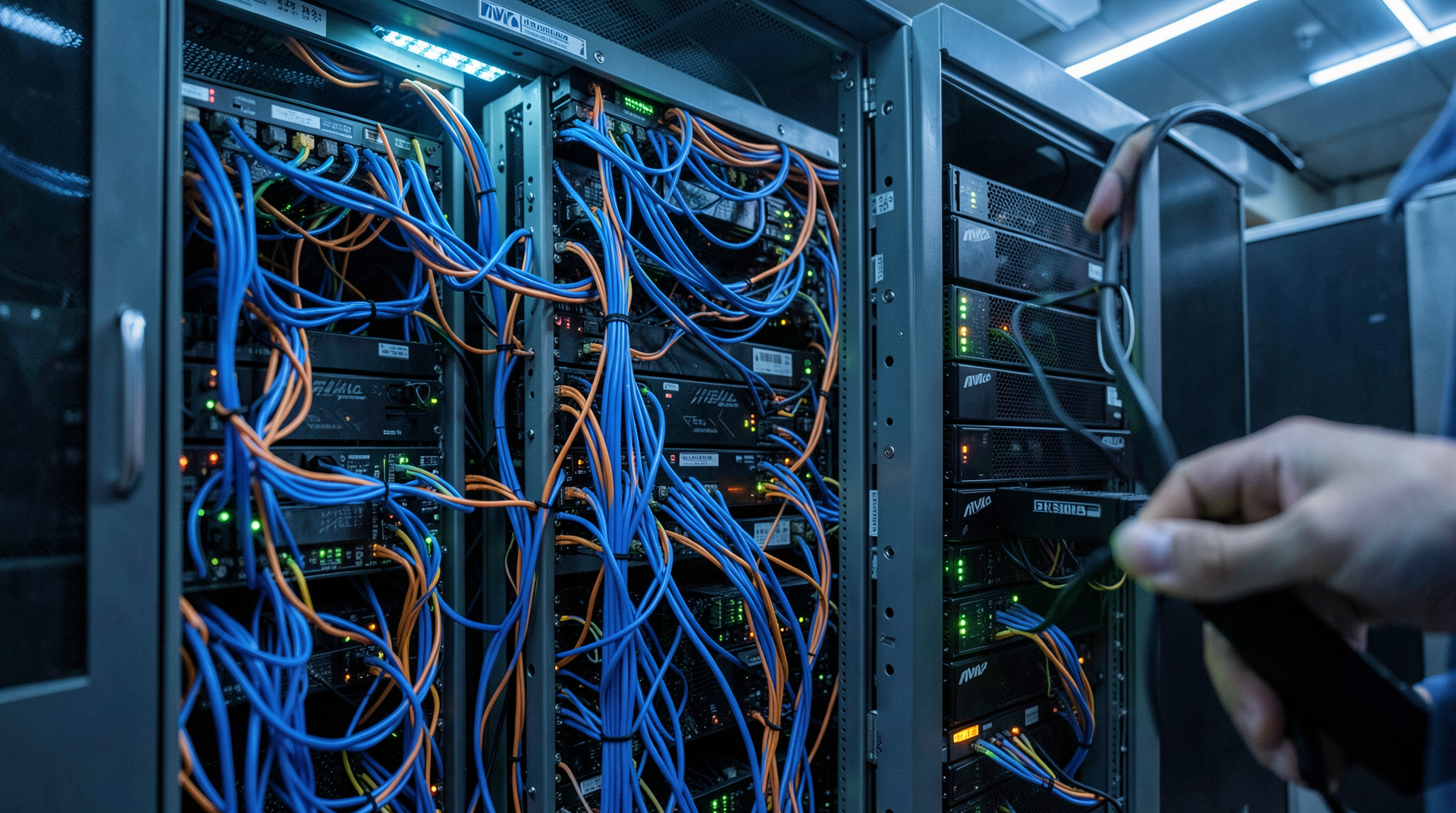 A server rack interior in an AI data center, dense cable bundles in blue and orange, GPU systems with status LEDs glowing, a technician's hands at the edge of frame.