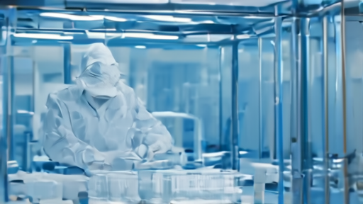 Worker in a cleanroom suit inspecting an 18A wafer under blue lighting at an Intel fab.