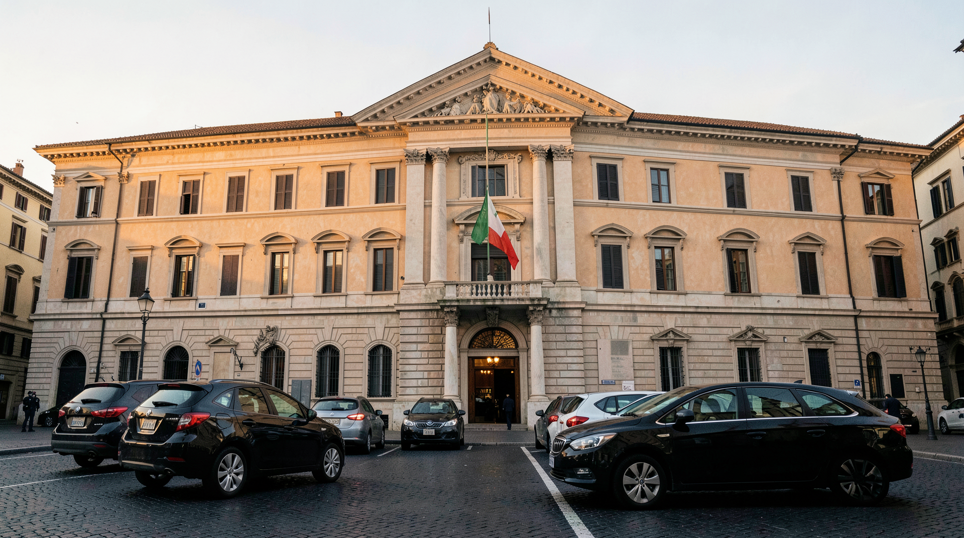 The Palazzo Chigi exterior in Rome at evening, soft light on the facade, official cars in the foreground, the Italian flag visible above the entrance.
