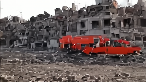 Damaged civil defense ambulance outside a collapsed two-story building in southern Lebanon.