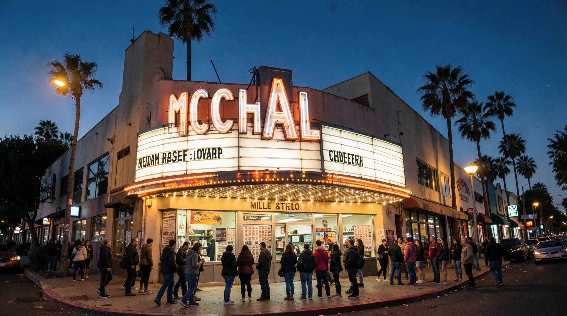 A movie theater marquee in Los Angeles at twilight with the Michael Jackson biopic title in lights, ticket-holder line forming below.