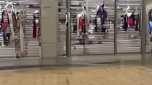 Empty Lululemon flagship storefront at dawn with security shutters half-raised.
