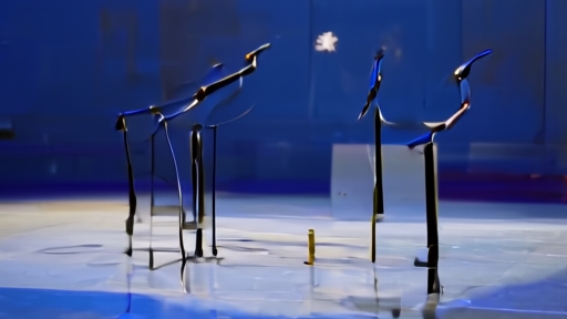 An empty WBUR studio stage with two empty podiums under blue lighting, microphones angled in, a Boston Globe and WCVB banner in the background