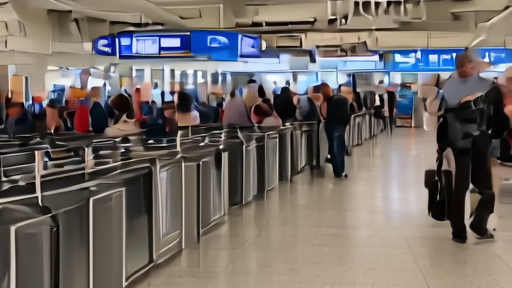 A long but moving TSA security line at an airport checkpoint, families and overhead departures monitor visible