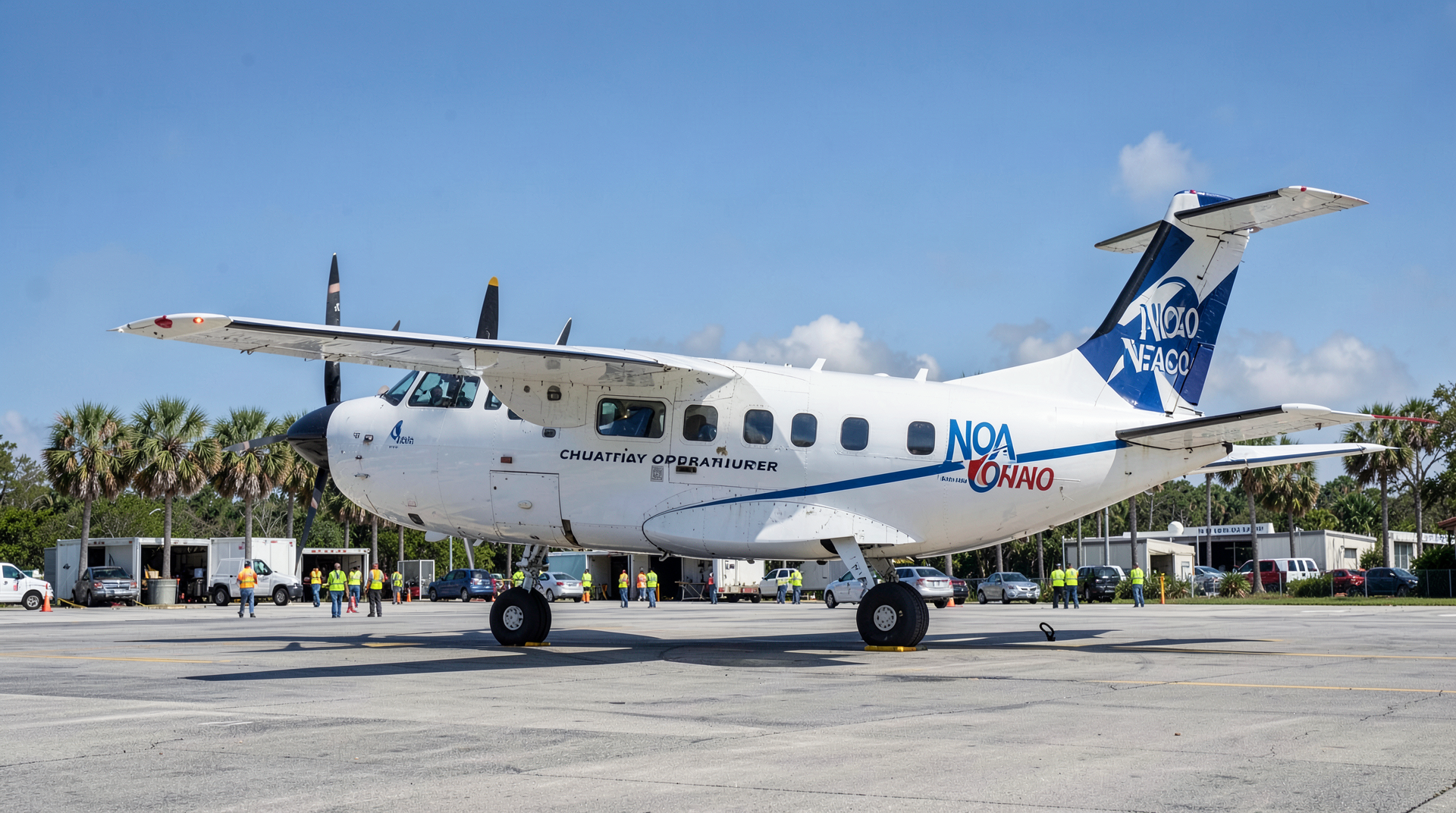 A NOAA Hurricane Hunter P-3 aircraft on the tarmac at the Aircraft Operations Center in Lakeland, Florida, with the agency logo on the tail.
