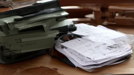 An empty wooden desk at SRI's Computer Science Laboratory, lined with stacked printed copies of the RISKS Forum digest