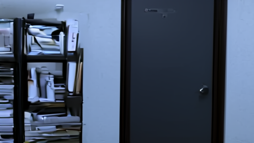 An unstaffed nonprofit office at dusk with a small organizational nameplate visible on a closed door