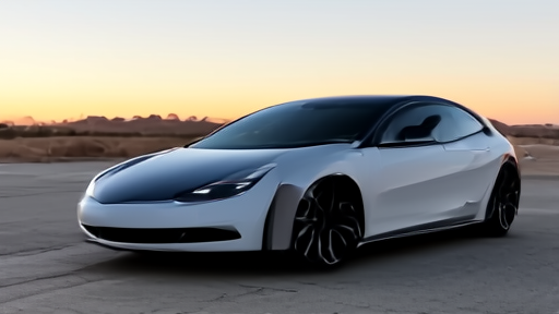 Tesla Cybercab prototype parked outside an empty robotaxi-only Supercharger station in Arizona dusk.