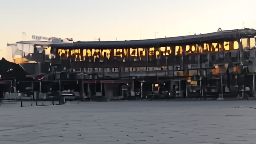 The Puskás Aréna in Budapest photographed from the exterior at sunset, the venue's curved facade glowing under the last warm light.