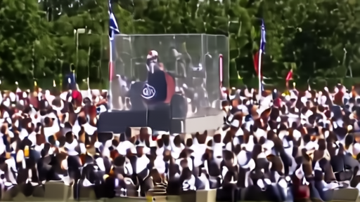 Cadets in dress whites seated under bright sun at Cadet Memorial Field as President Trump addresses them from a podium behind a clear partition.